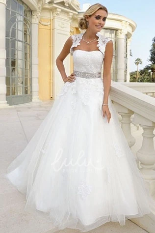 Maxi Tulle A-Line Wedding Dress with Cap Sleeves Waist Jewelry and Keyhole Back