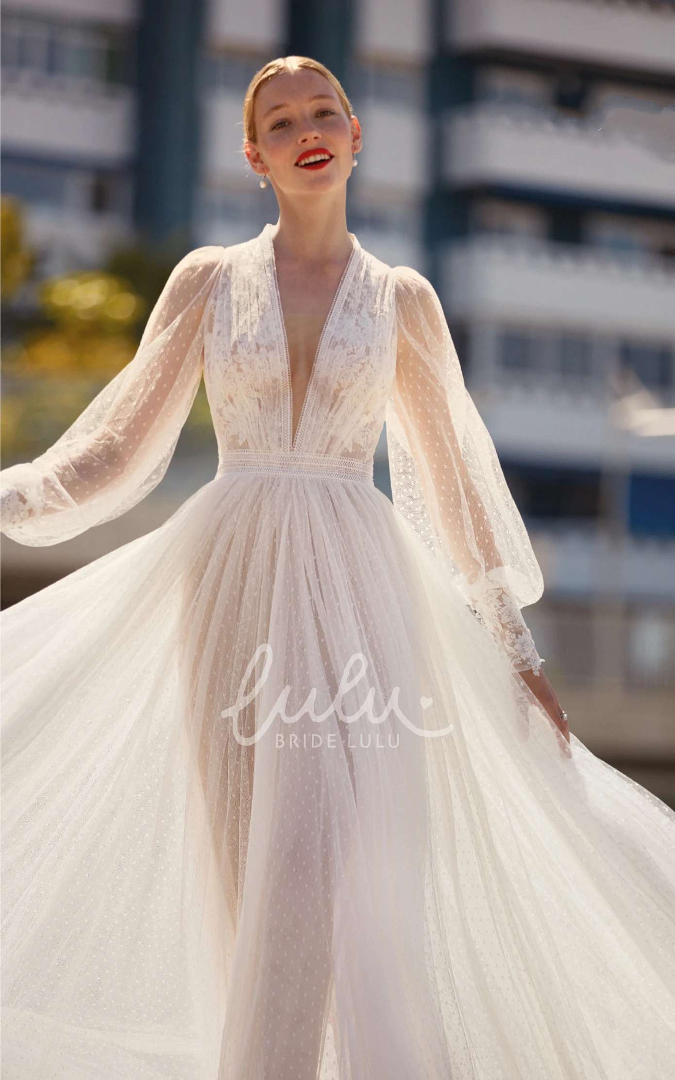 Bohemian Tulle Beach Wedding Dress with Illusion Back A-Line V-Neck