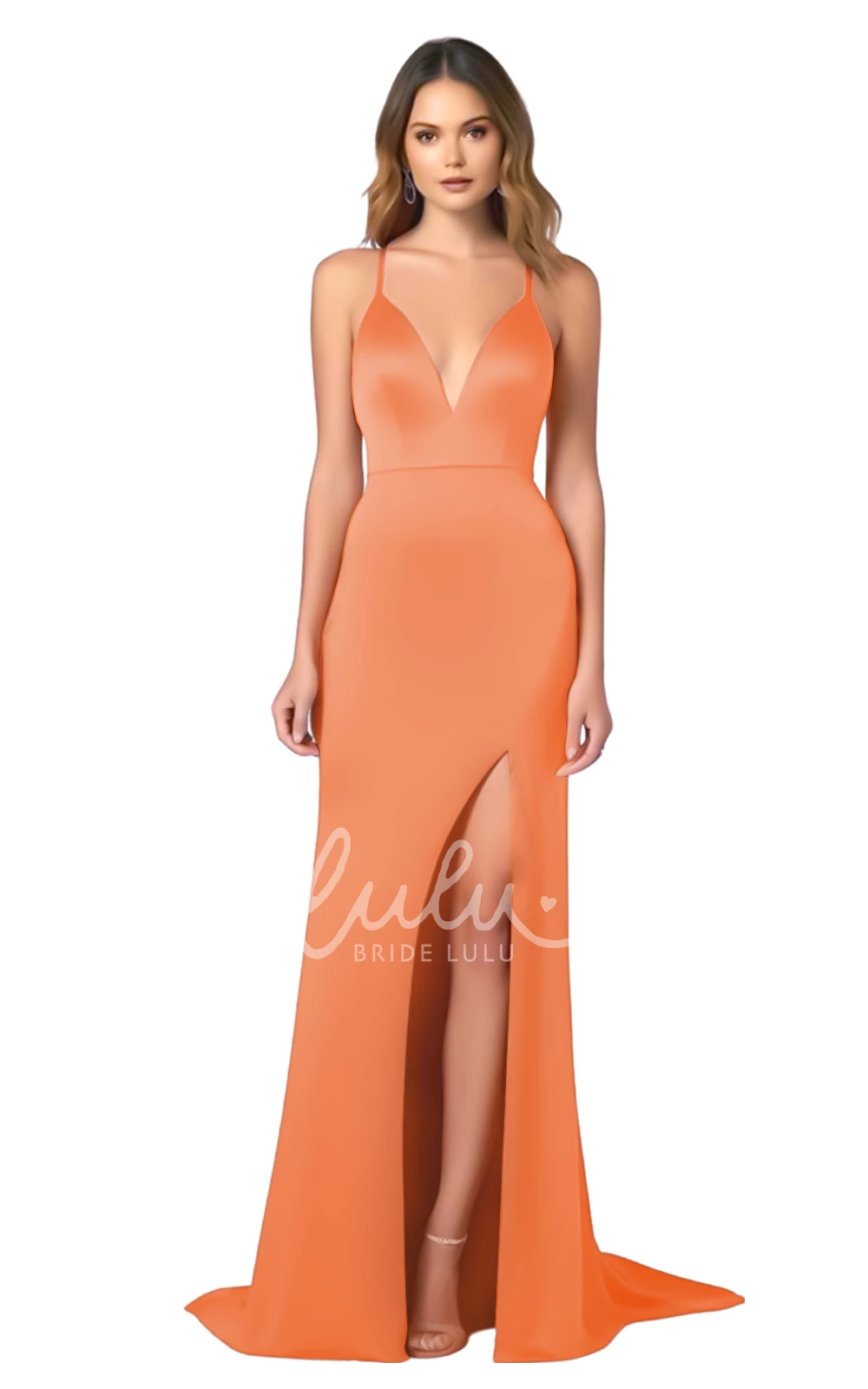 Modern Satin A-Line Spaghetti V-neck Bridesmaid Dress with Front Split Elegant Wedding Dress