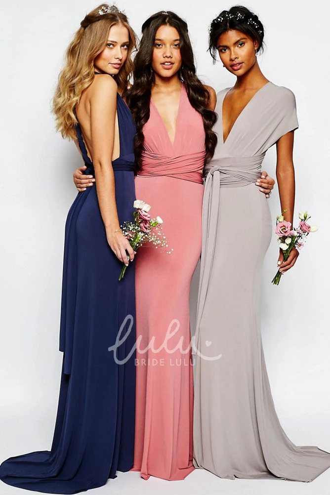 Short-Sleeve Jersey Bridesmaid Dress Sheath Floor-Length Sash