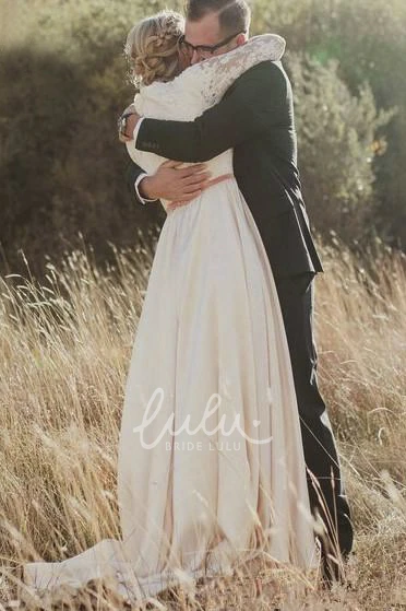 Long Sleeve Sheath Wedding Dress with Scalloped Lace and Satin Elegant Bridal Gown