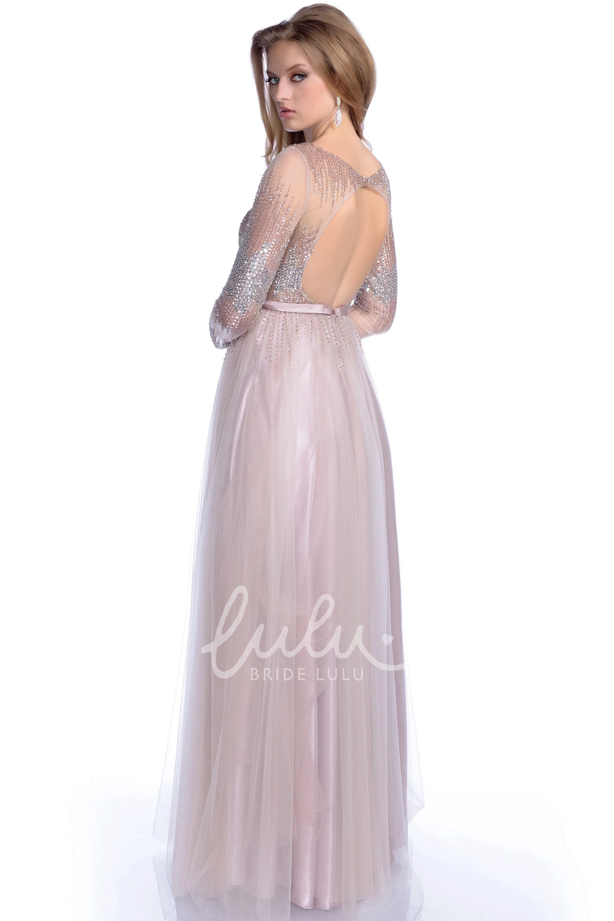 Sequined A-Line Tulle Prom Dress with Long Sleeve Keyhole Back