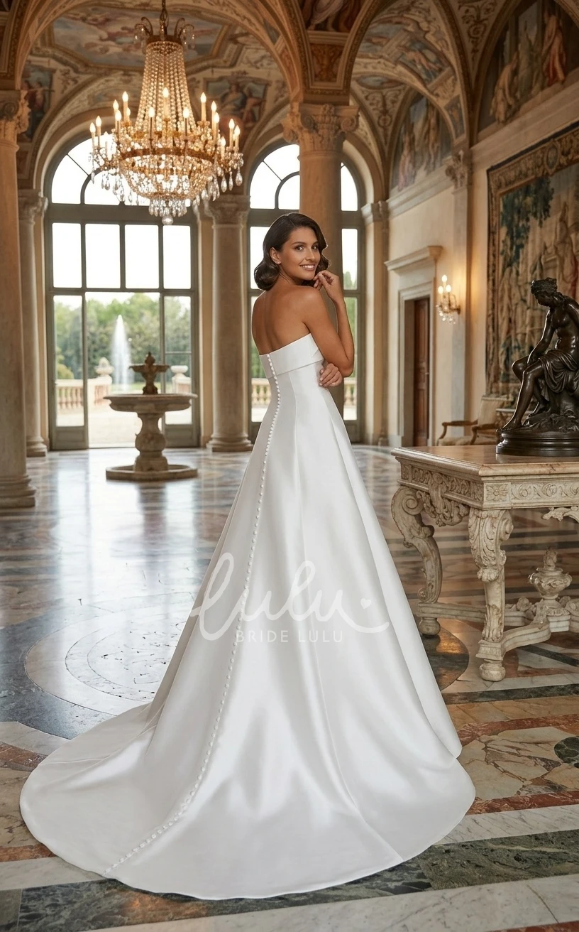 Elegant Simple A-Line Satin Strapless Neckline Beach Spring Wedding Dress Sexy Flowy Classic Ruching Sleeveless Button Back Bridal Gown