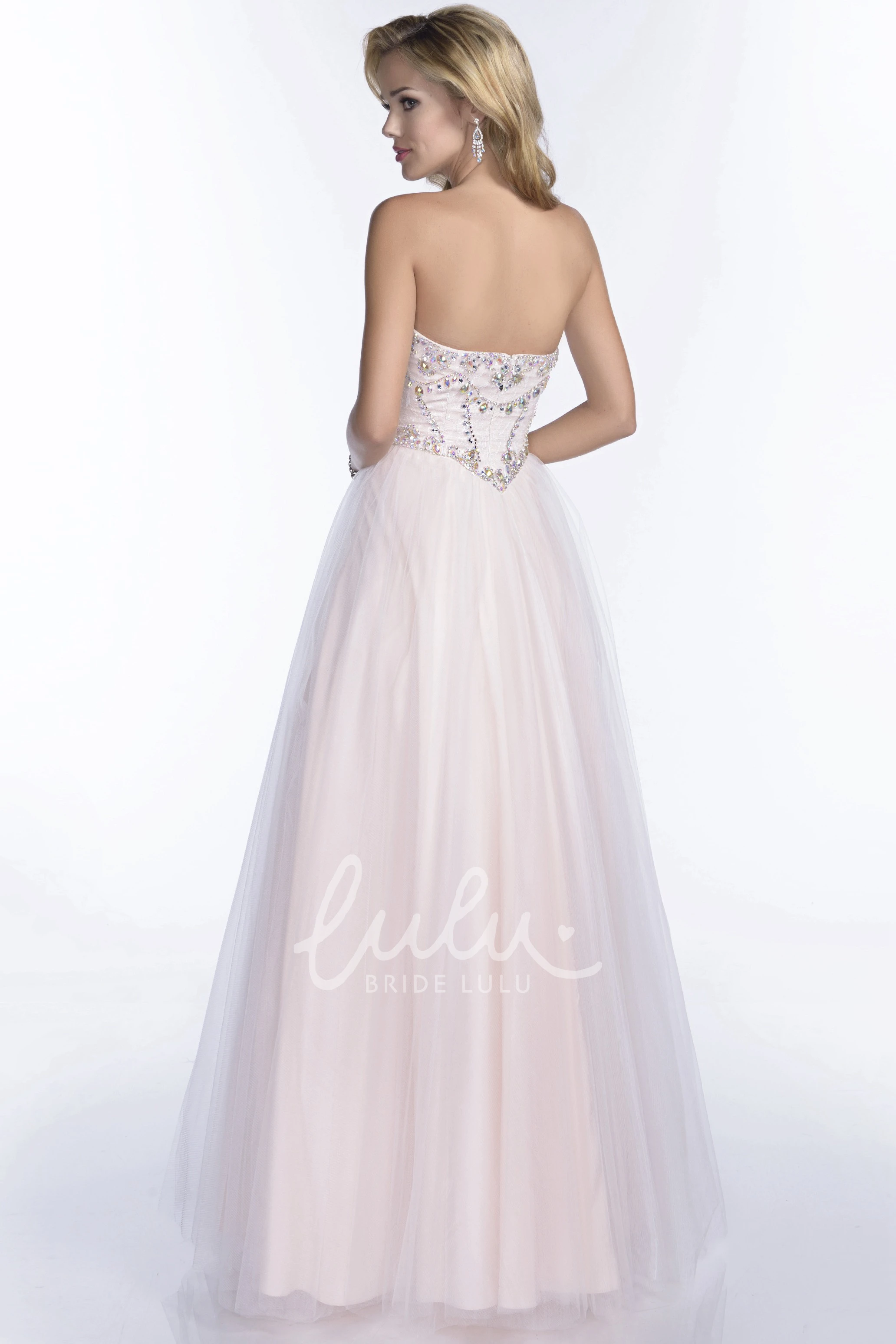 Beaded Bodice Tulle A-Line Prom Dress with Irregular Waistline Flowy Prom Dress