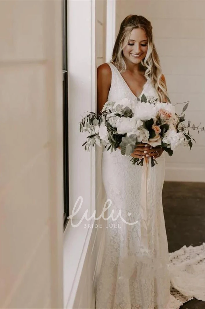 Ethereal Court Train V-Neck Lace Wedding Dress with Deep-V Back