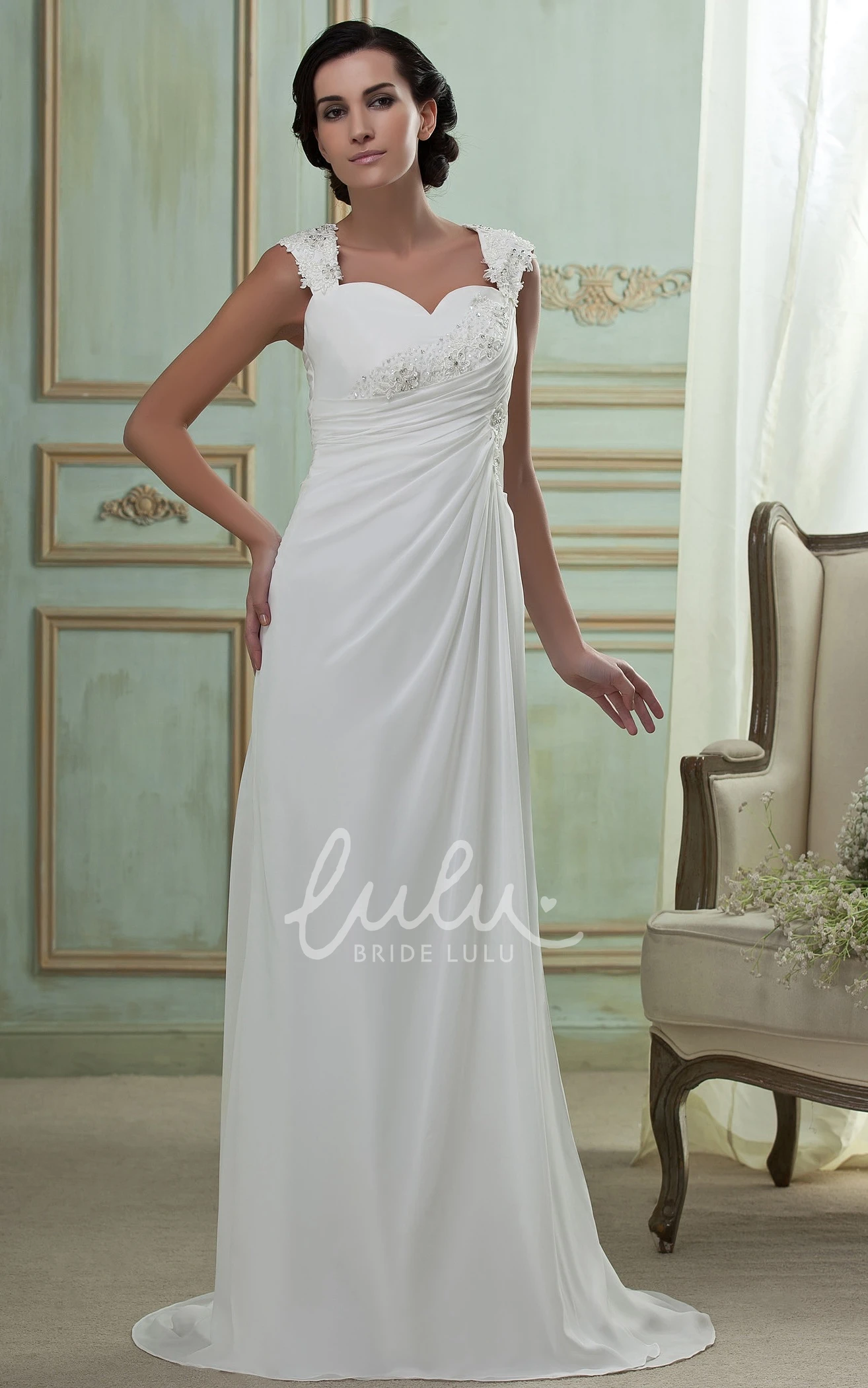 Chiffon Maxi Wedding Dress with Brush Train Queen Anne Cap-Sleeve Bridal Gown