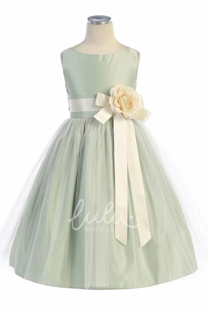 Tiered Tulle and Satin Flower Girl Dress Tea-Length 