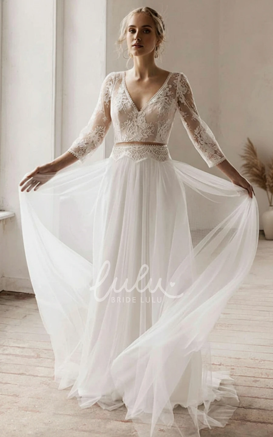 V-Neck Lace Boho Wedding Dress A-Line 3/4 Sleeve Elopement Beach Gown