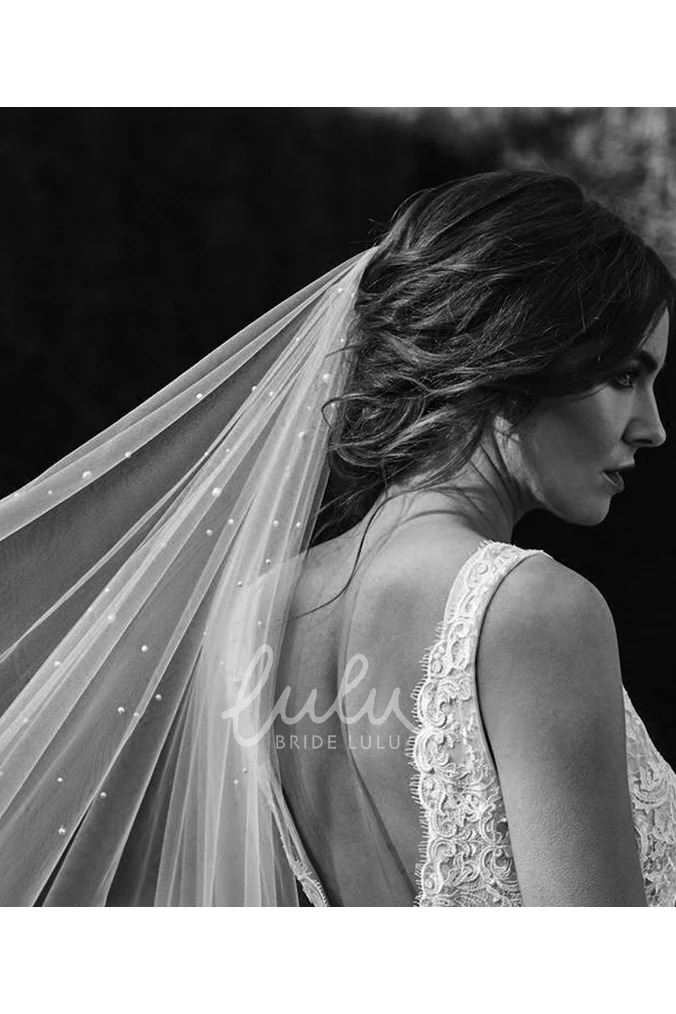 Pearl Tulle Long Wedding Veil for Fairy Brides
