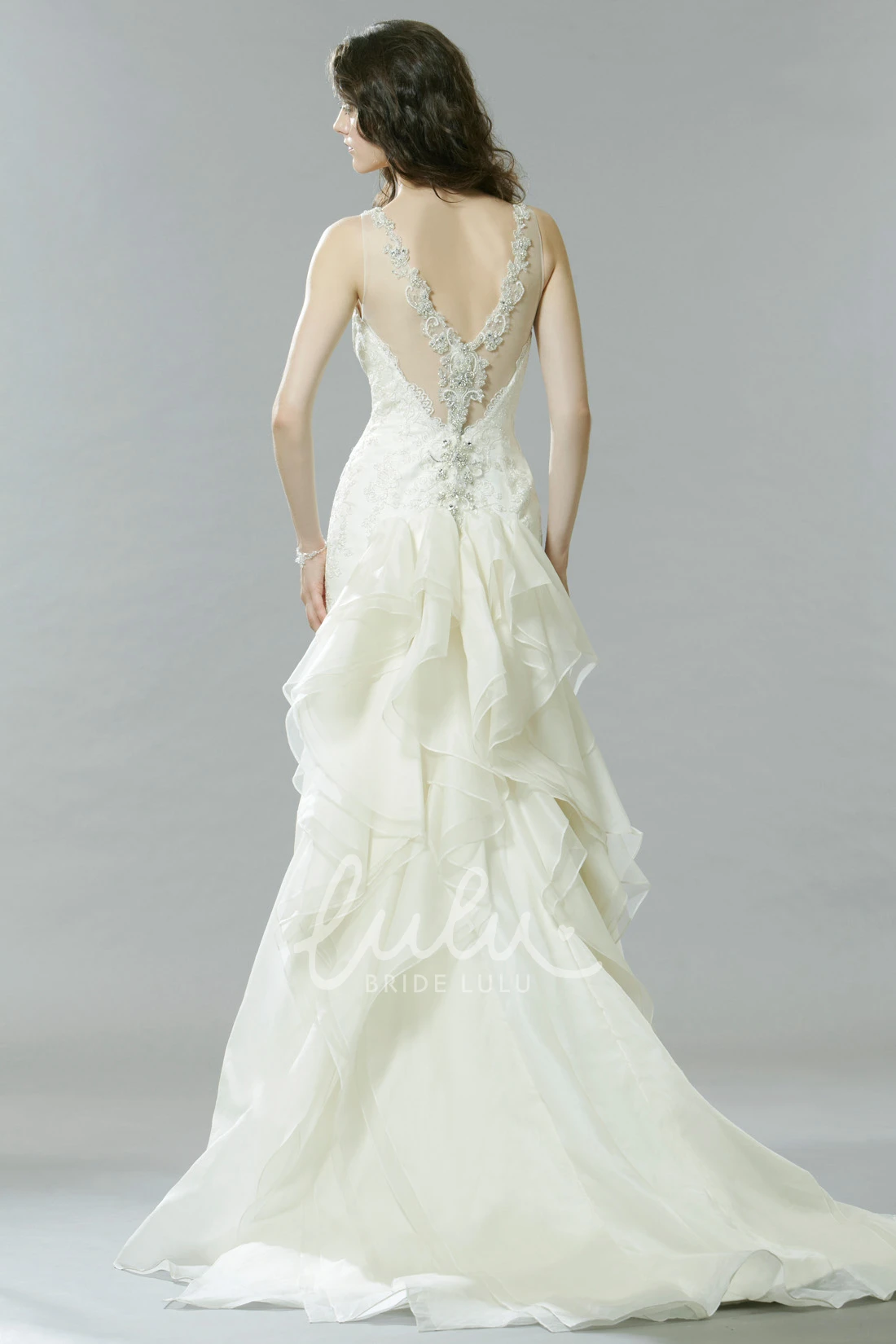 Beaded Trumpet Sleeveless Wedding Dress with Ruffles Long Bridal Gown