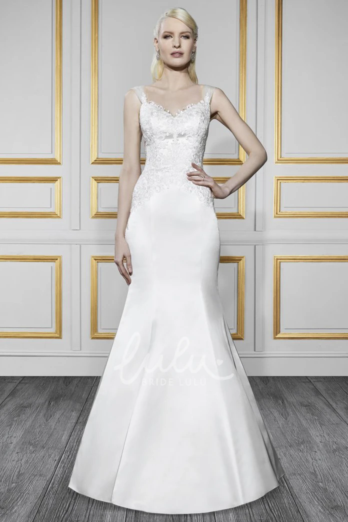 Sleeveless Lace&Satin Wedding Dress with Brush Train Trumpet Appliqued V-Neck Deep-V Back