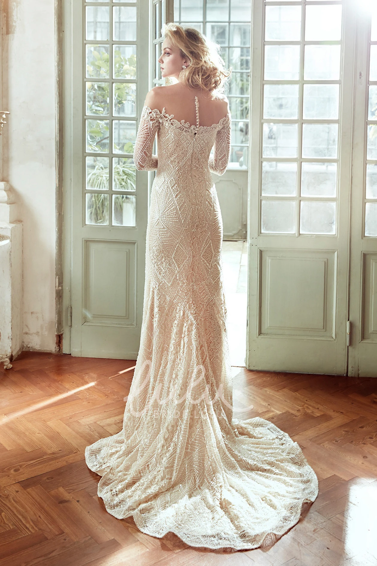 Sheath Lace Wedding Dress with Off-Shoulder Side Split and Long Sleeves Elegant Boho