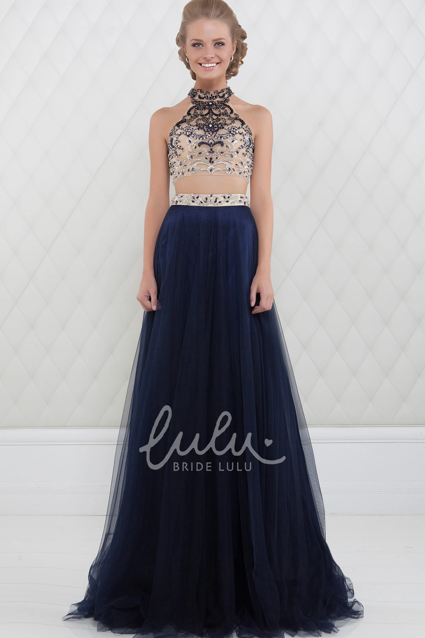 Maxi Tulle Prom Dress with High-Neck Beaded Sleeveless A-Line and Elegant Waist Jewellery