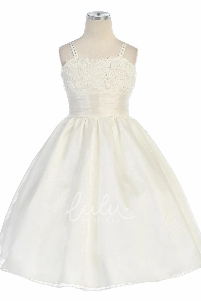 Sequin Embroidered Tea-Length Flower Girl Dress with Spaghetti Straps