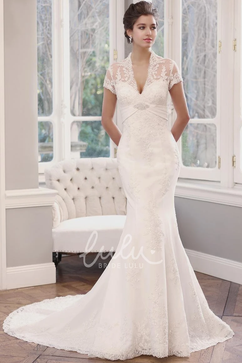 V-Neck Lace Mermaid Wedding Dress with Illusion Sleeves Unique Bridal Gown