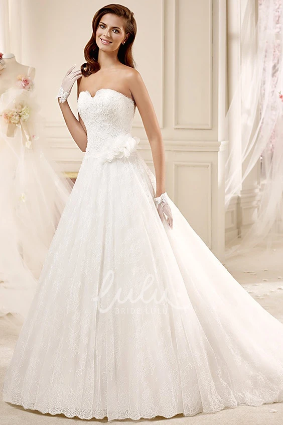 Notched-neck A-line Wedding Dress with Flowers and Court Train Classic & Timeless Wedding Dress