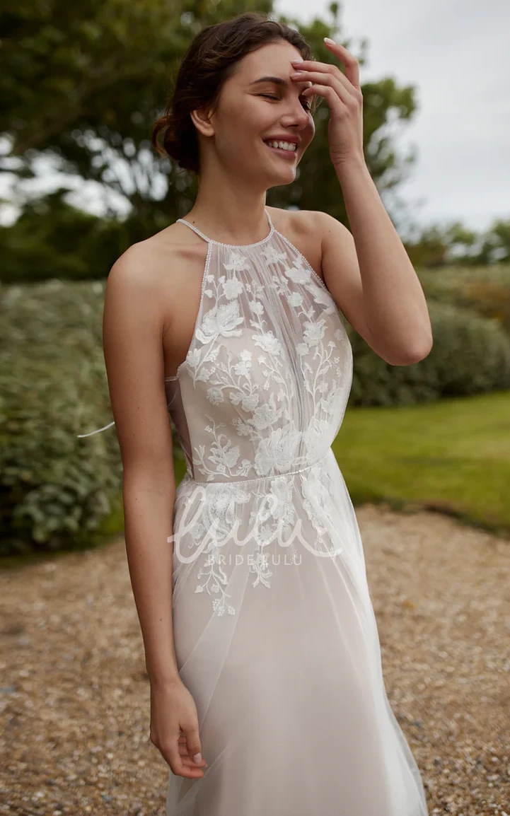 Modest Country Tulle Bottom Wedding Dress with Petals Tied Back Appliques