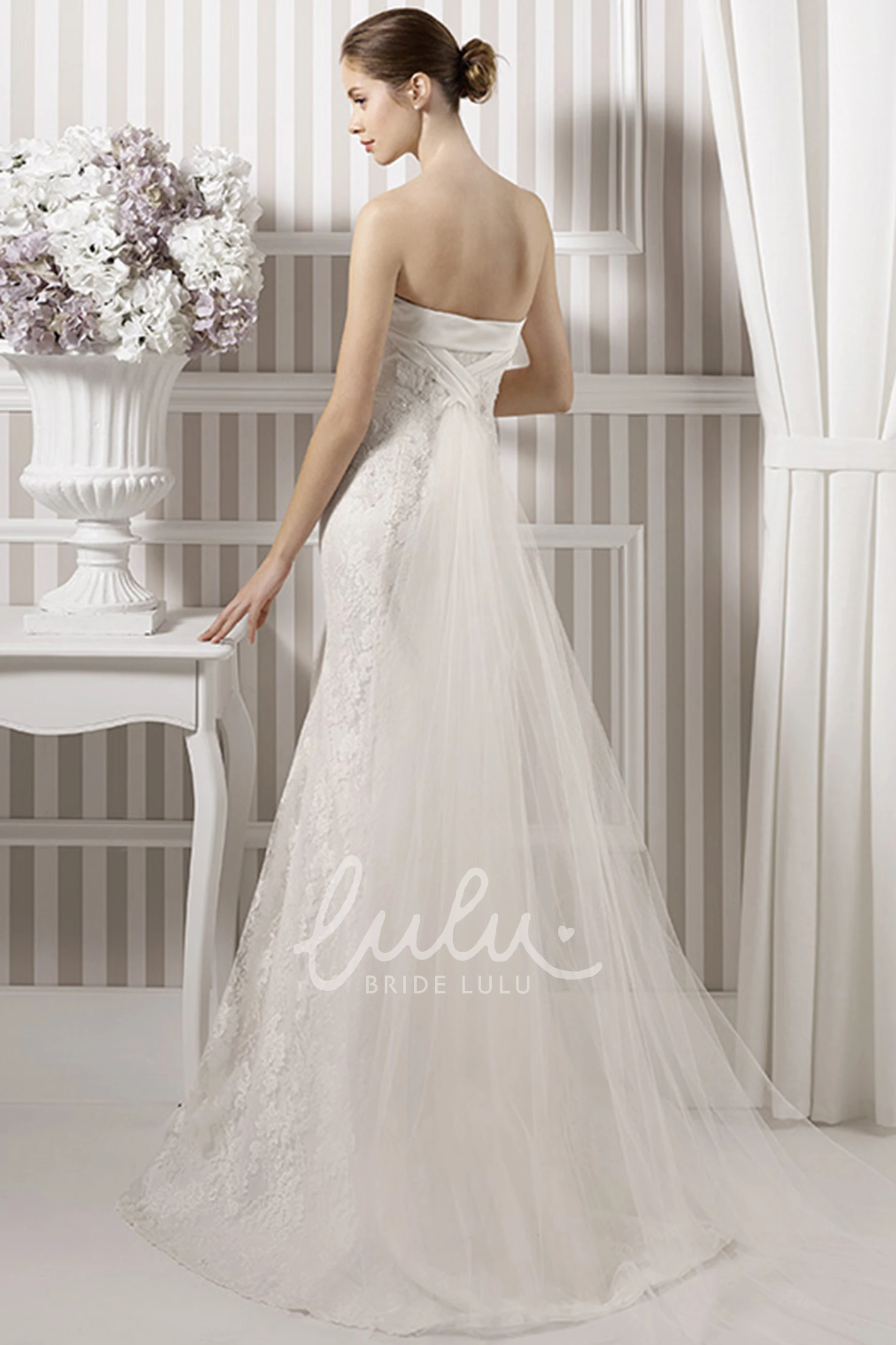 Strapless Lace Sheath Wedding Dress with Sweep Train and Backless Style Unique Wedding Dress