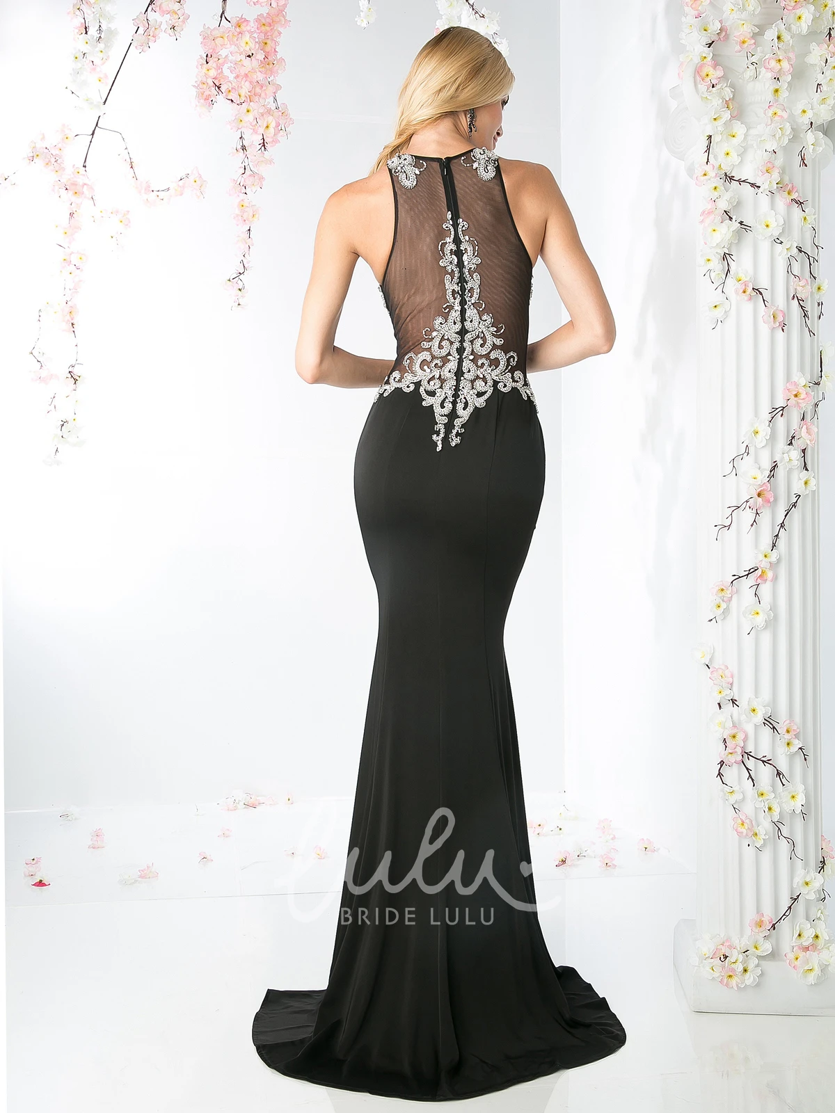 Sleeveless Sheath Jersey Illusion Formal Dress with Jewel-Neck and Beading