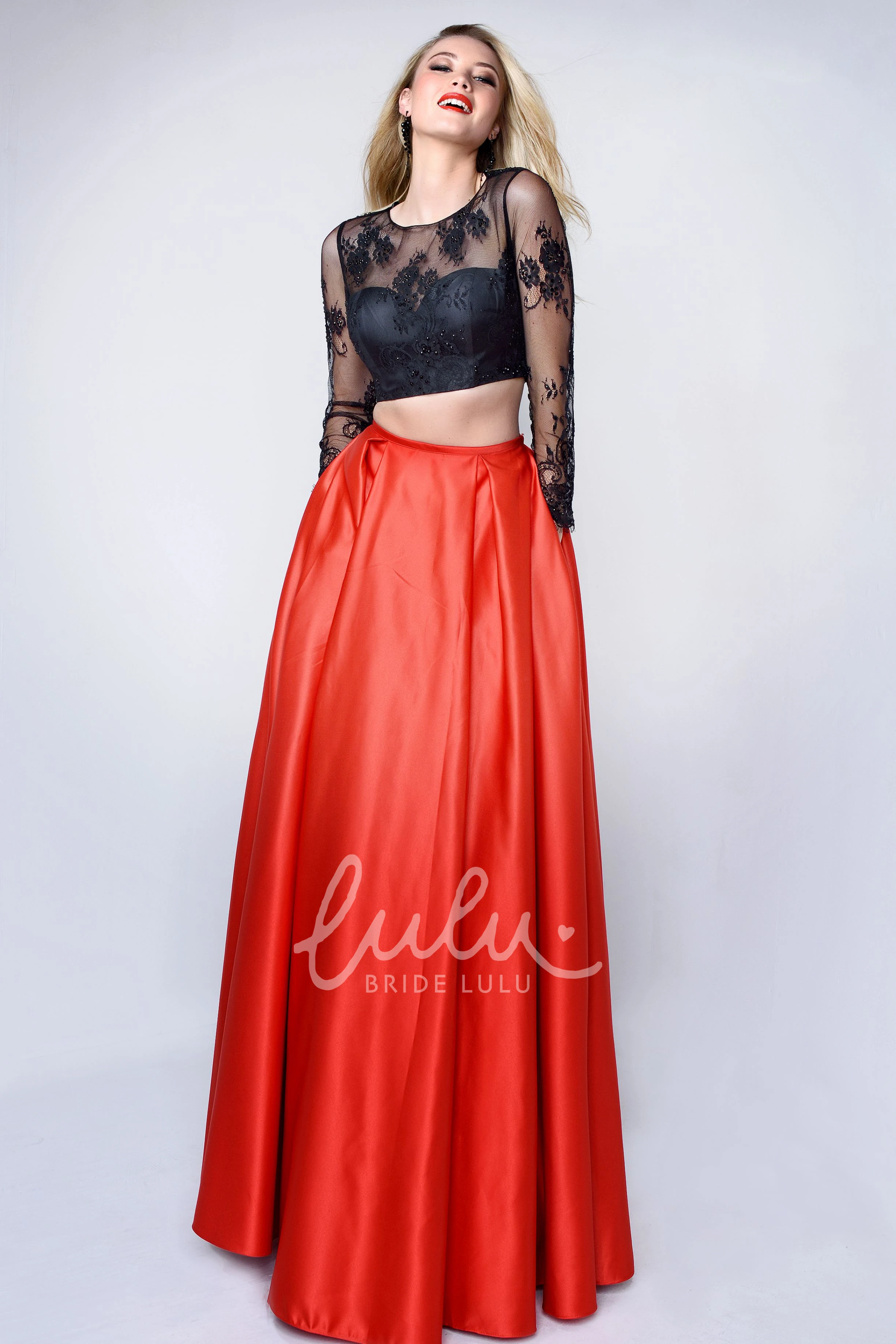 Lace Applique A-Line Satin Formal Dress with Long Sleeves