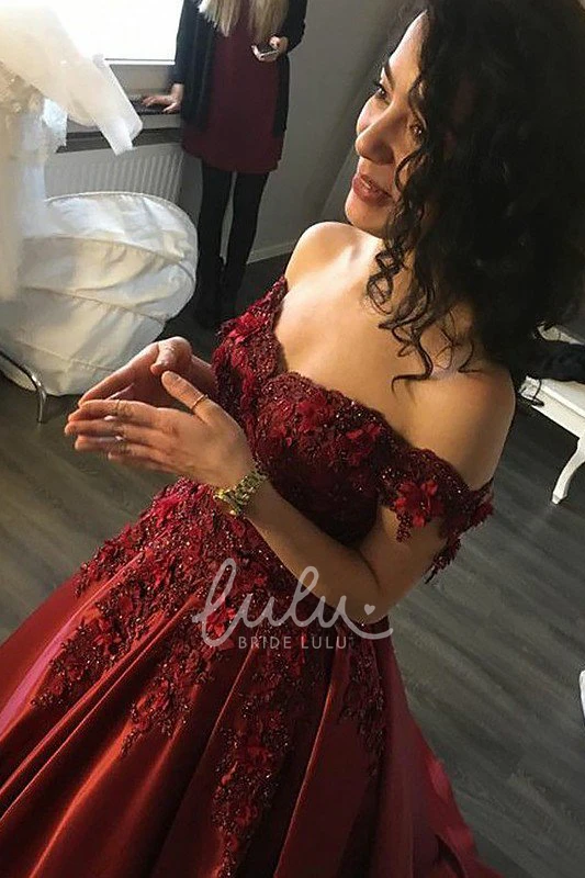 Off-the-Shoulder Cap Sleeve A-Line Satin Lace Bridesmaid Dress