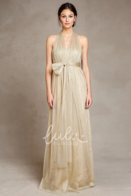 Empire V-Neck Tulle Bridesmaid Dress with Straps and Draping Sleeveless Bow Detail