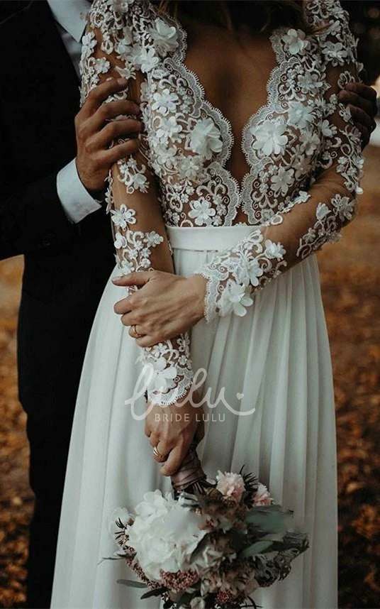 Bohemian A Line Chiffon Wedding Dress with Plunging Neckline and Split Front Boho Wedding Dress