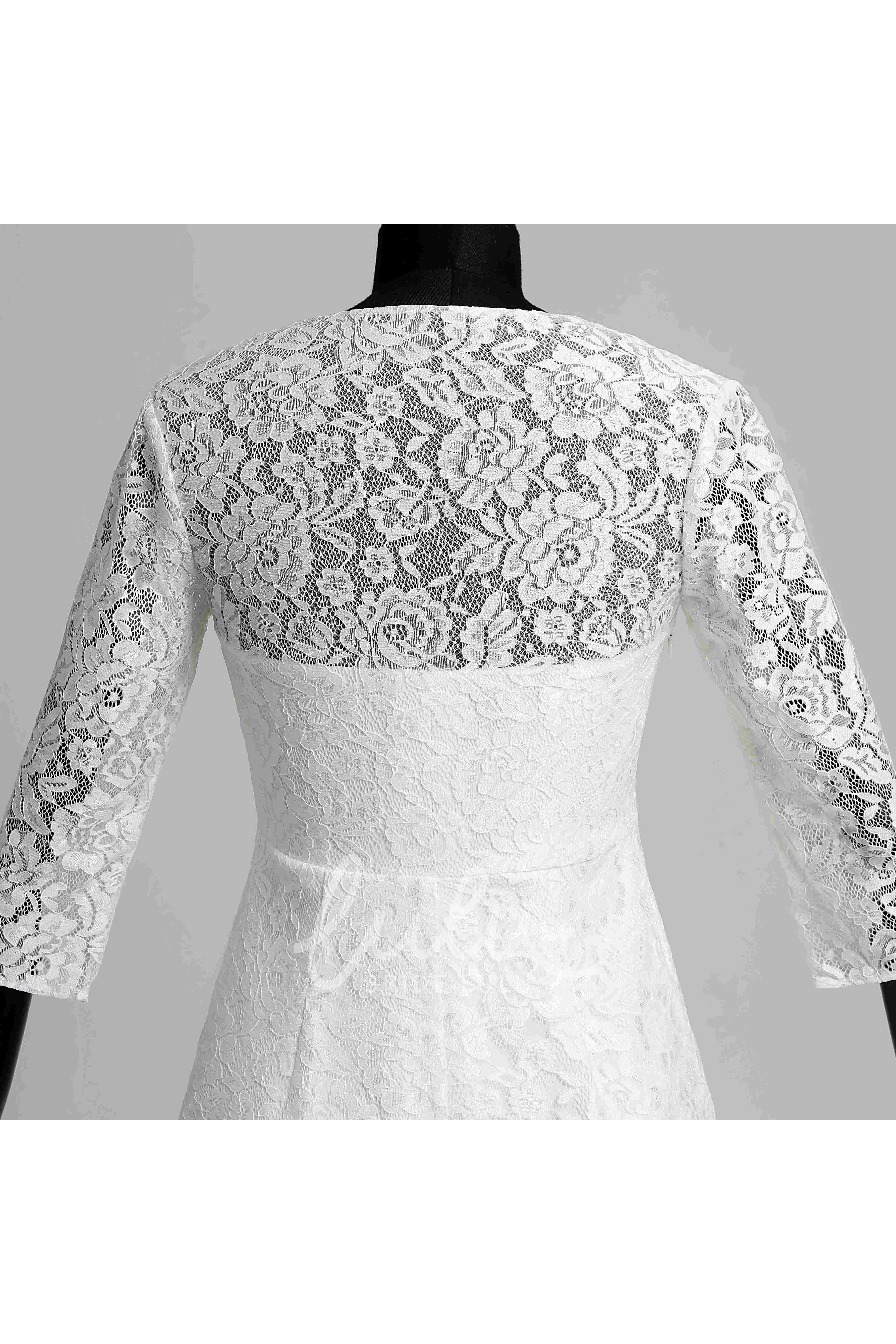 Lace A-line Wedding Dress with V-neckline Illusion 3/4 Sleeves and Ruched Details