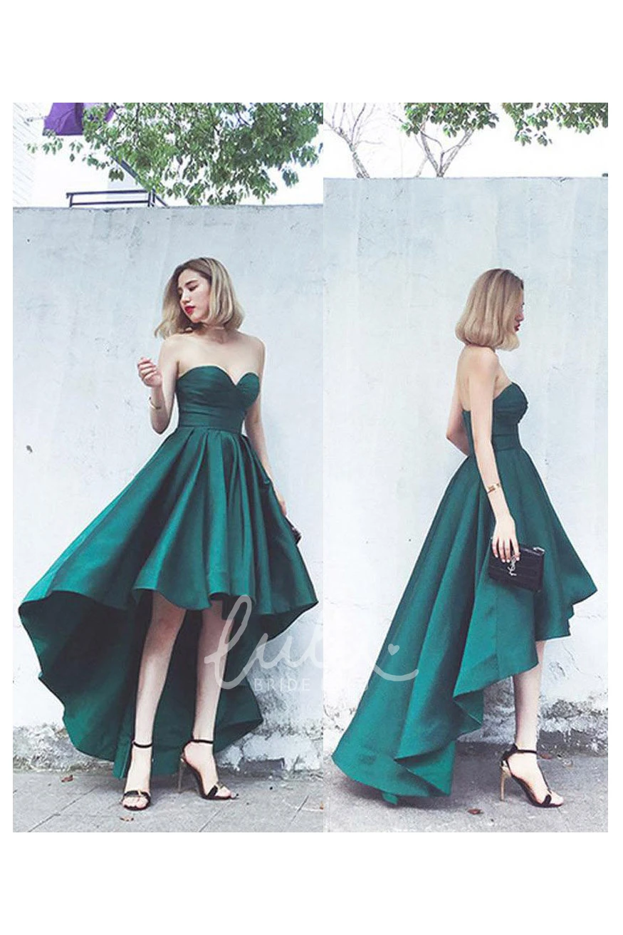 Sexy Strapless Satin High-Low Gown with Ruching Unique Prom Dress