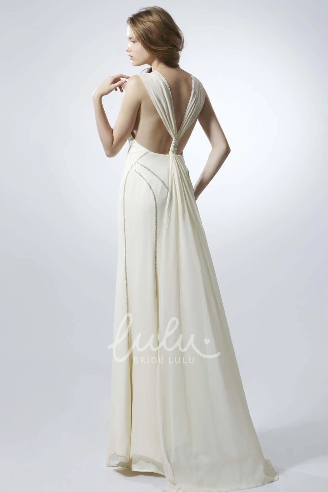 Sleeveless V-Neck Chiffon Wedding Dress with Low-V Back Flowy Sheath Style