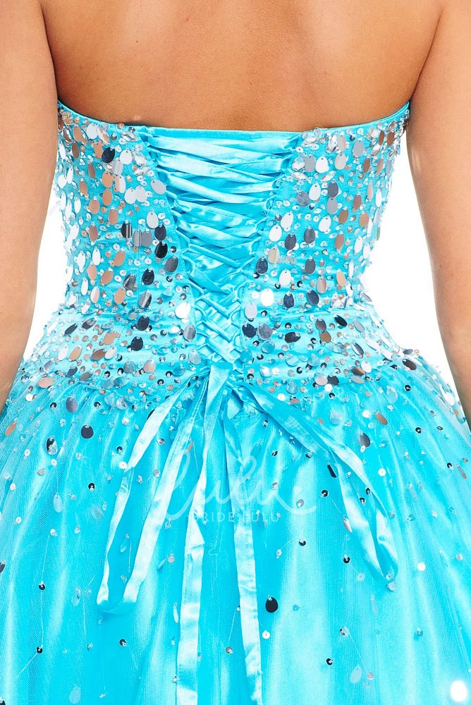 Sequined A-Line Strapless Tulle&Satin Prom Dress Sleeveless Floor Length