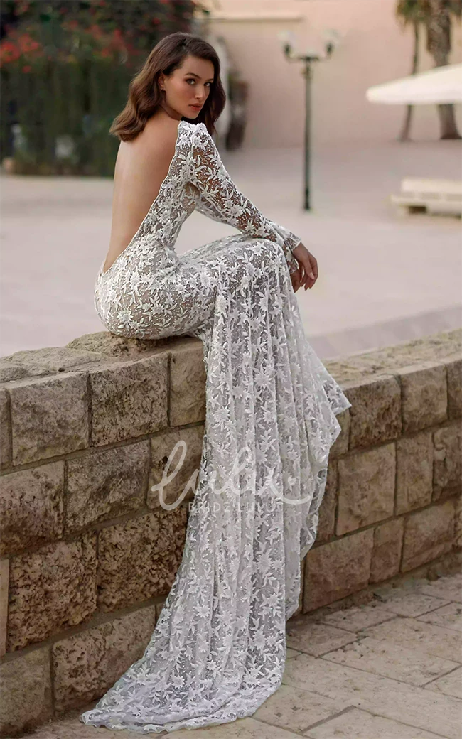 Bohemian Lace Sheath Beach Wedding Dress with Plunging Neckline and Open Back