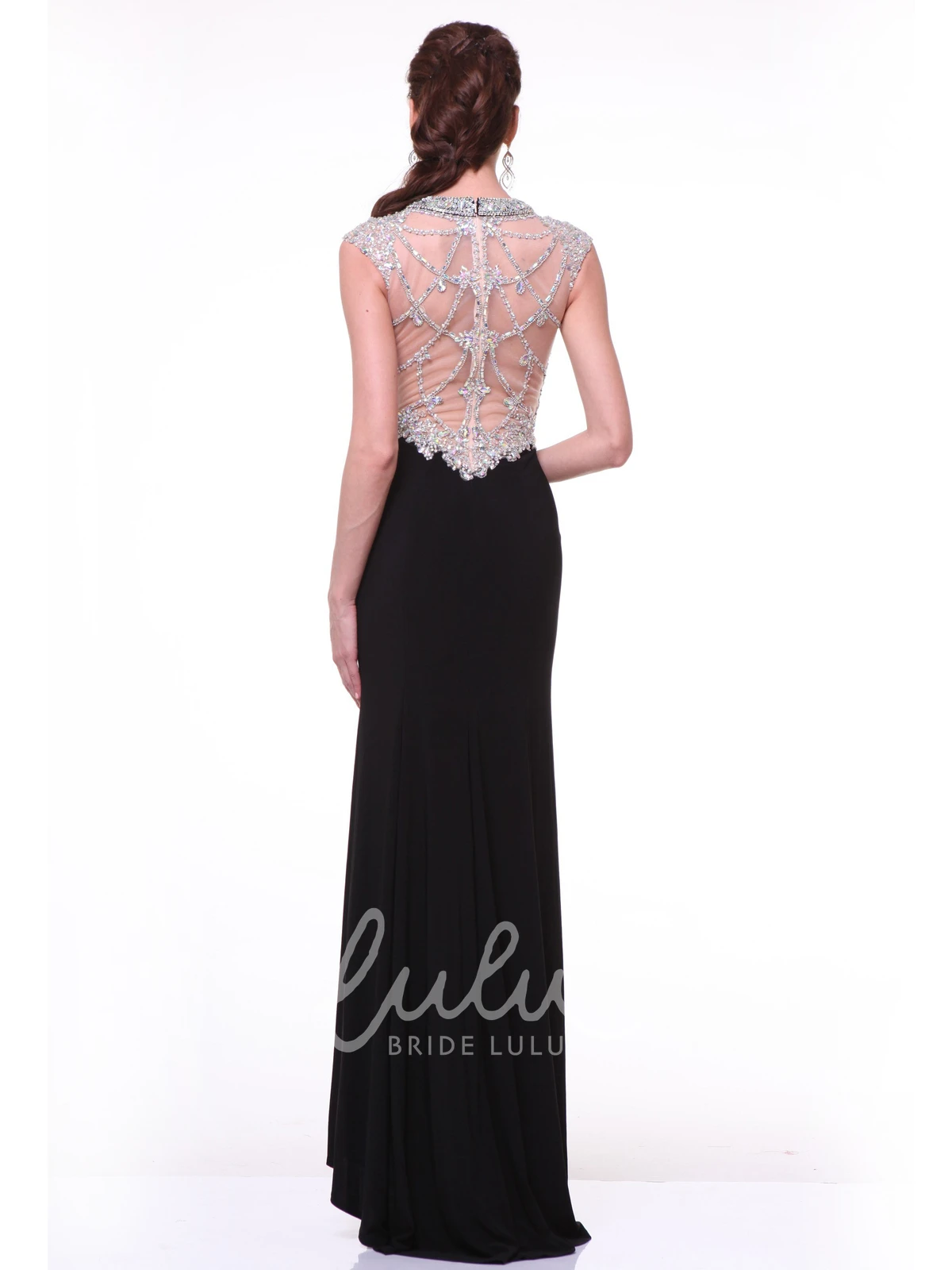 Jewel-Neck Jersey Illusion Prom Dress With Beading And Split Front Sheath