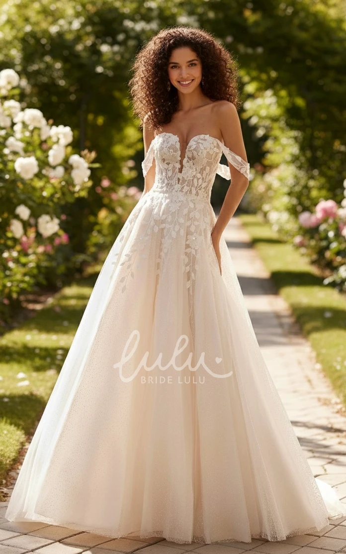 A Line Tulle Lace Wedding Dress Off Shoulder Plunge Neck Lace Applique Bridal Gown Elegant Train
