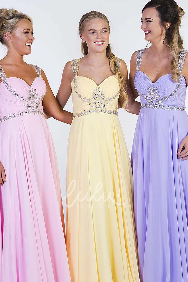 Ruched Chiffon Prom Dress A-Line Floor-Length Sleeveless Strapped Beading