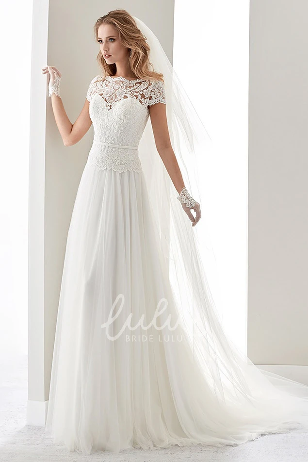Illusion Draping Wedding Dress with Scalloped-Neck Lace Bodice and T-Shirt Sleeves Flowy Bridal Gown