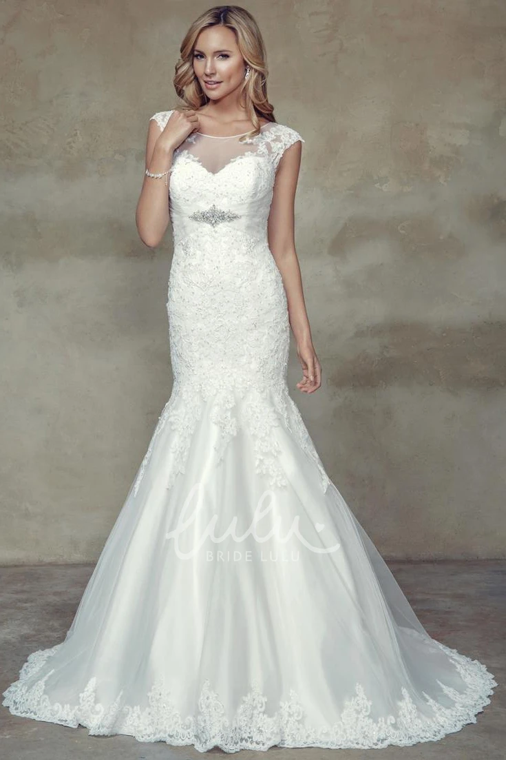 Jeweled Lace Warm Wedding Dress with Illusion Cap-Sleeves and Scoop-Neck Trumpet Maxi