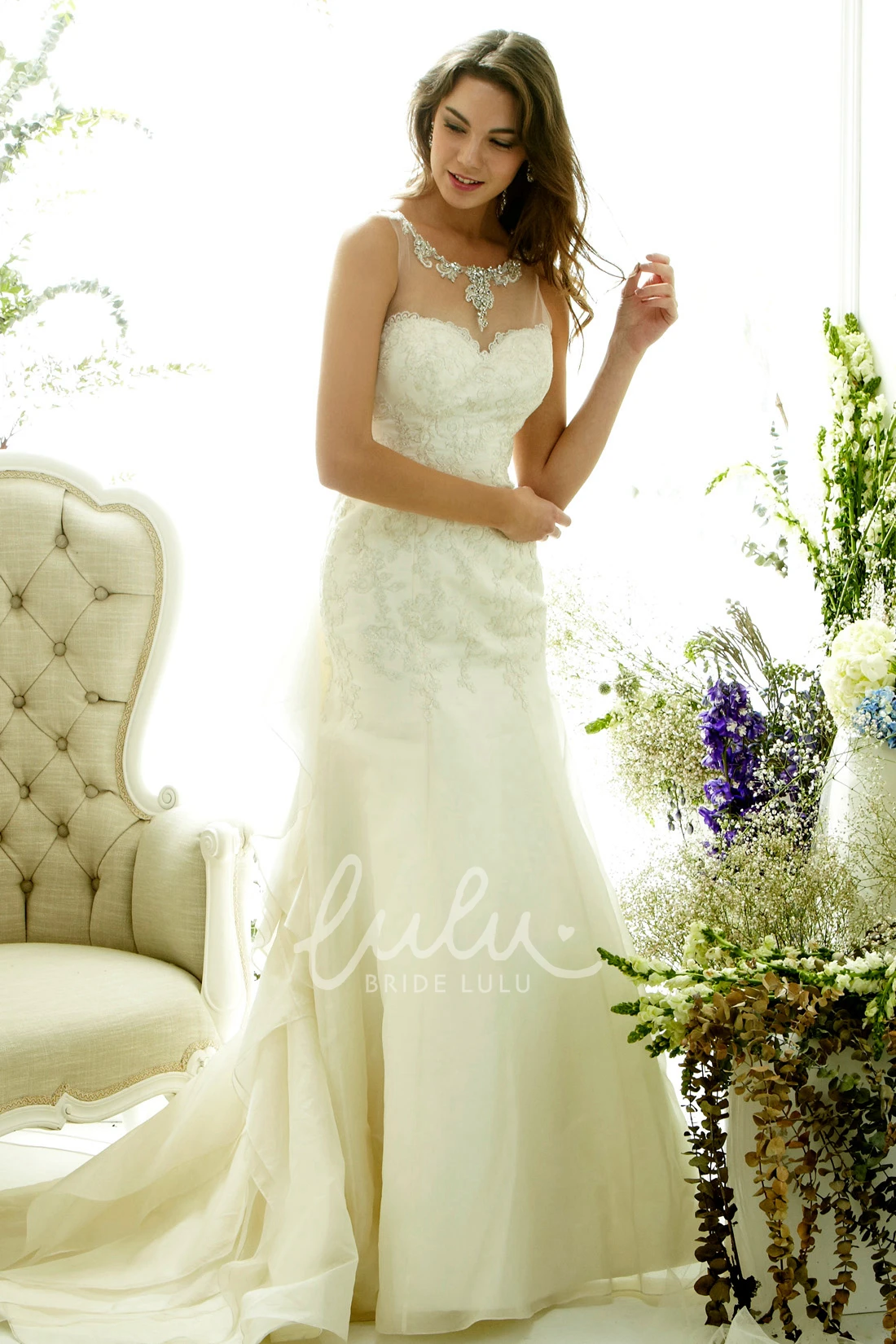 Beaded Trumpet Sleeveless Wedding Dress with Ruffles Long Bridal Gown