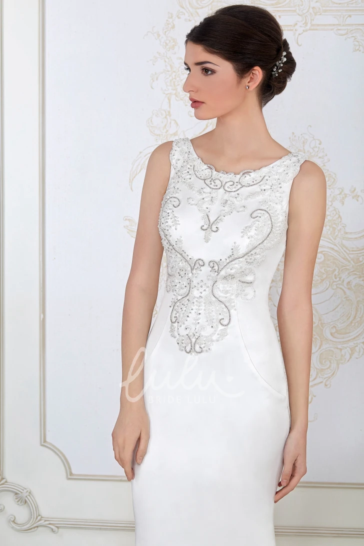 Beaded Satin Sheath Wedding Dress Sleeveless Scoop-Neck Maxi