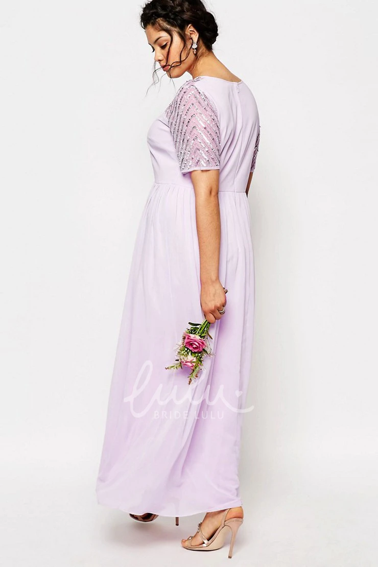 Sequined Chiffon Bridesmaid Dress with Short Sleeve and Scoop Neck
