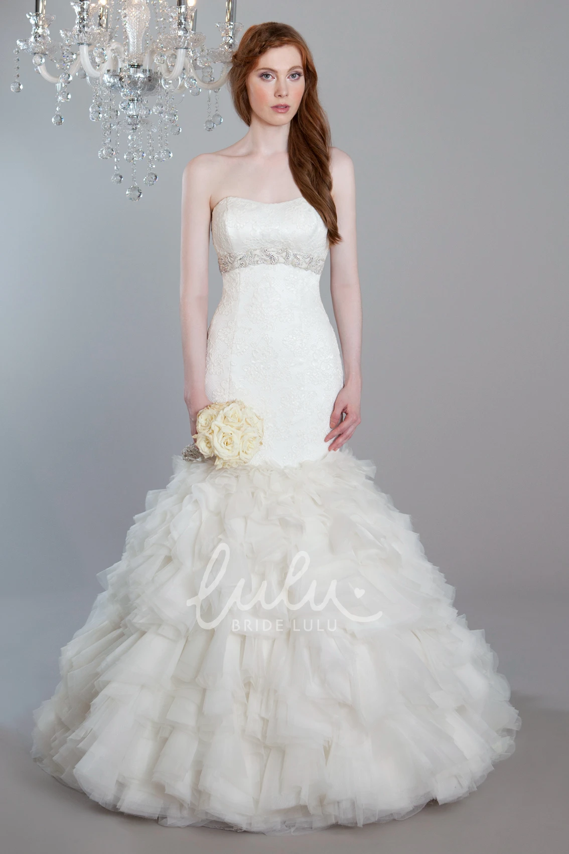 Strapless Tulle & Lace Wedding Dress with Jeweled Appliques Trumpet Floor-Length Ruffles