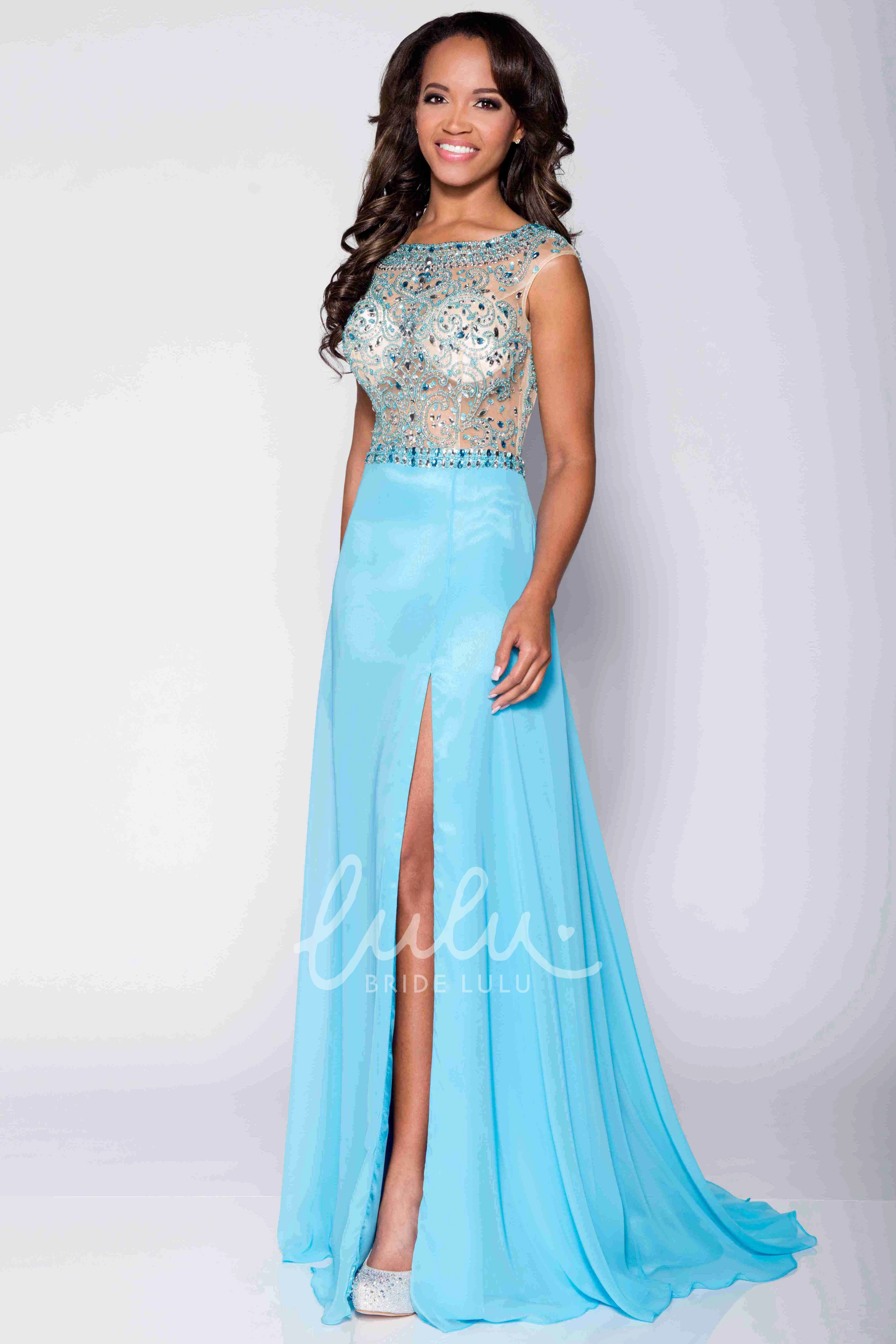 A-Line Chiffon Beaded Prom Dress with Bateau Neckline Elegant Beaded Chiffon Prom Dress 2025