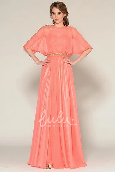 Long Jeweled Prom Dress with Bat-Sleeve and Pleats