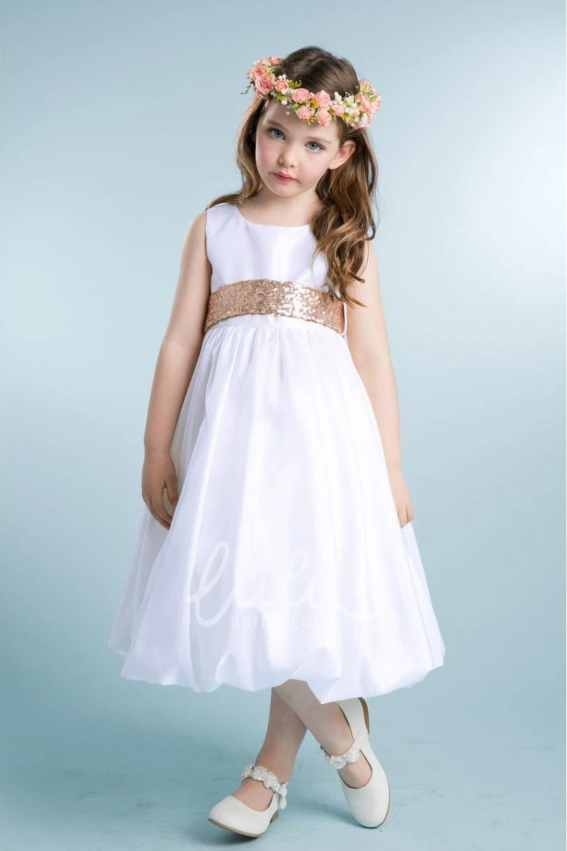 Sleeveless Tulle&Sequins Tea-Length Flower Girl Dress Elegant Wedding Dress