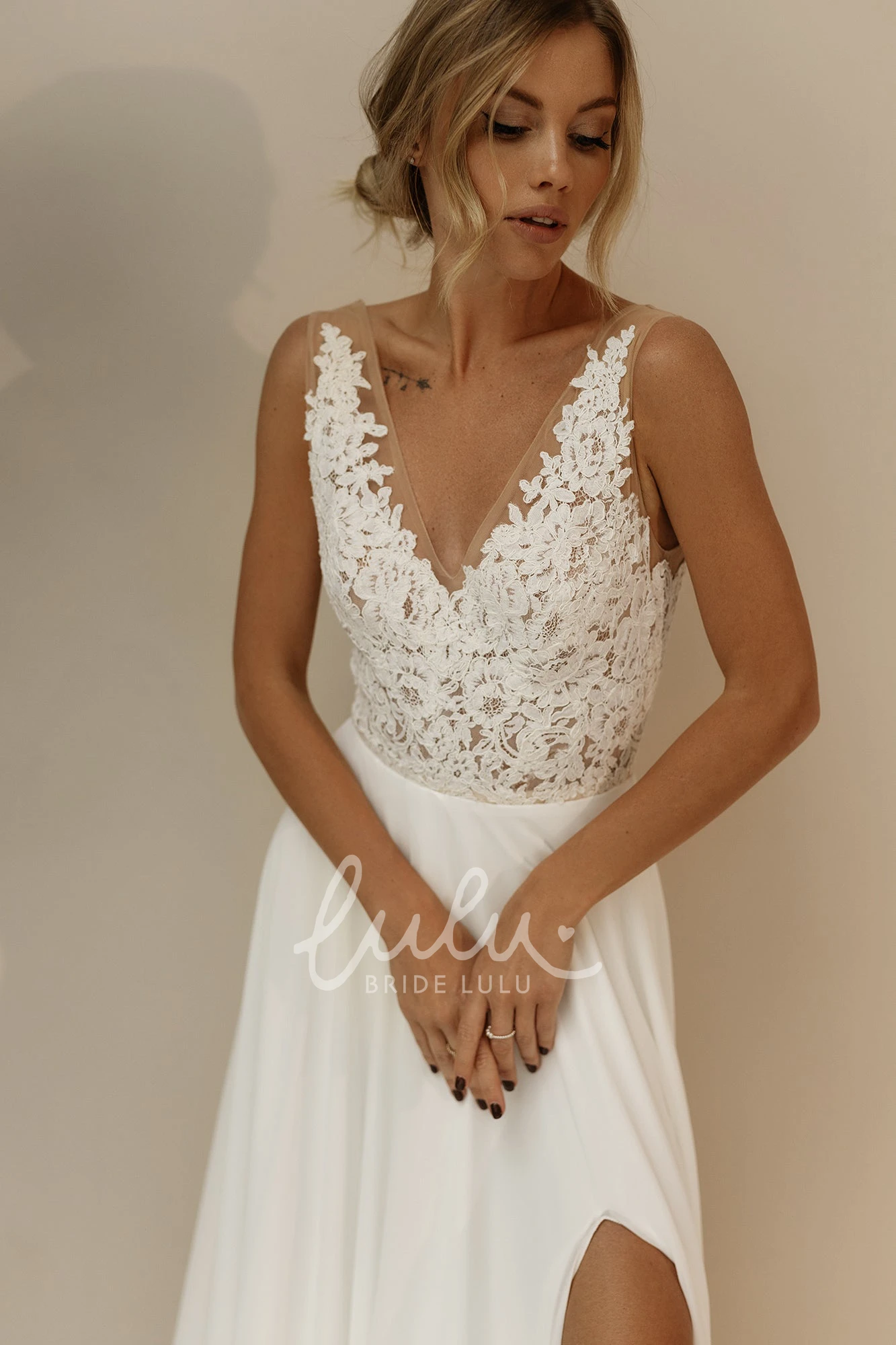 Floral Boho Lace A-Line V-neck Garden Maxi Wedding Dress With Low-V Back And Split Front