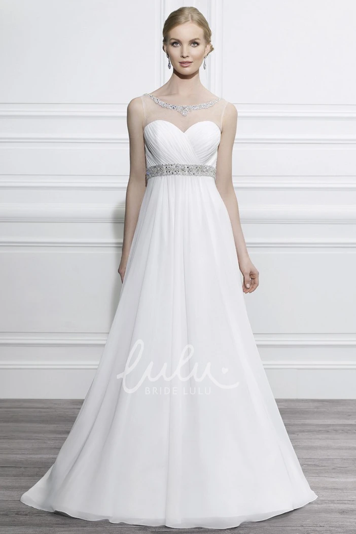 Empire Criss-Cross Chiffon Wedding Dress with Jeweled Bodice Floor-Length Scoop Neckline