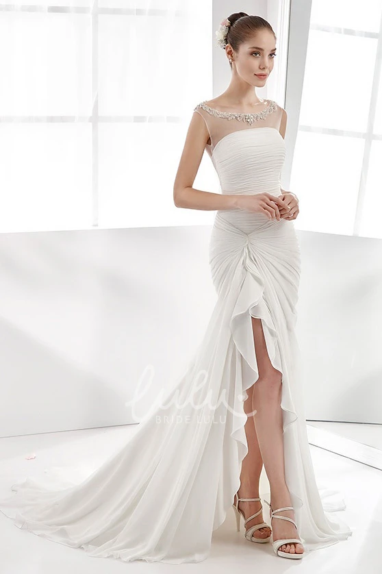 High-Low Chiffon Wedding Dress with Beaded Neckline Cap-Sleeve Pleated