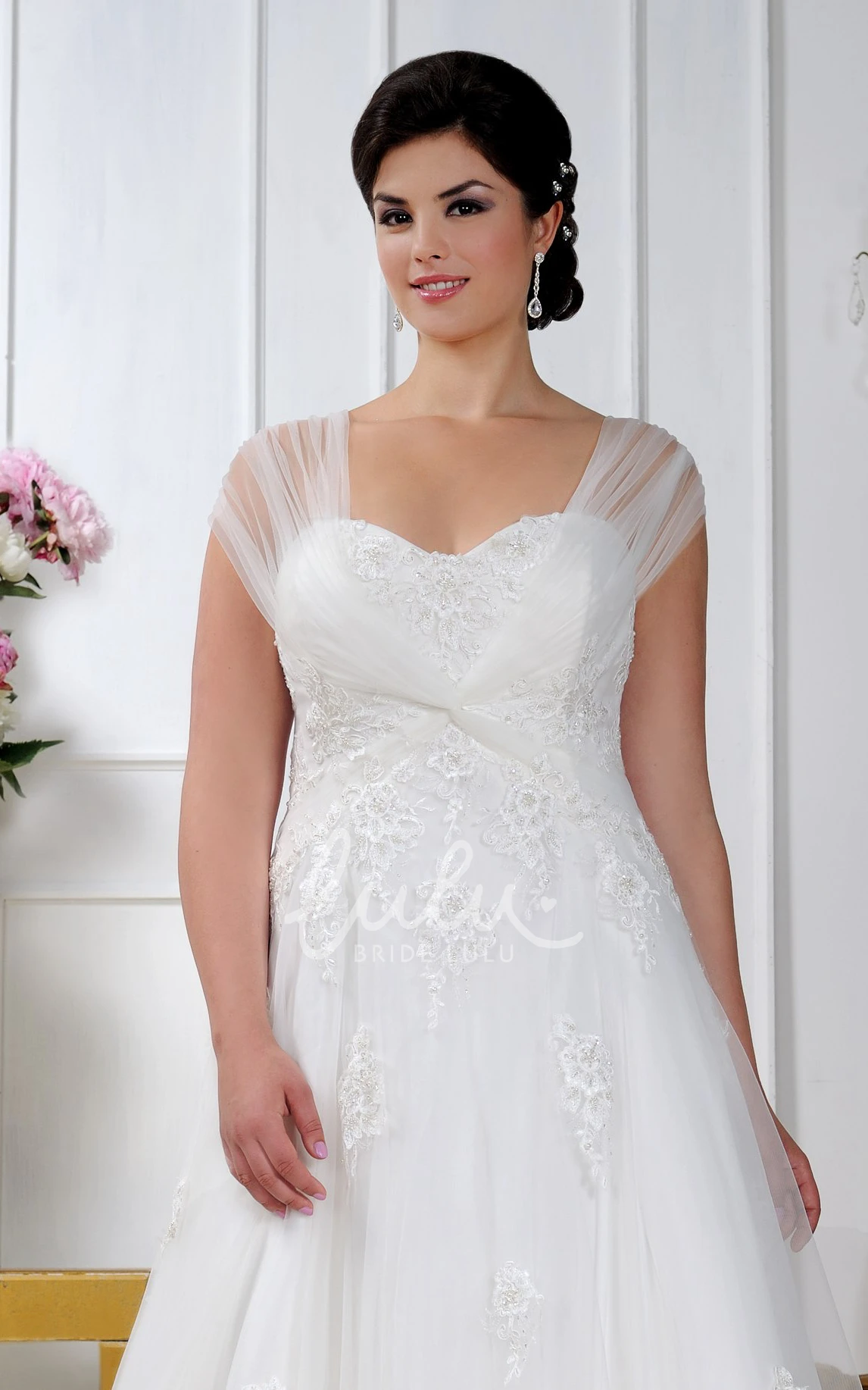 A-Line Tulle Dress with Caped Sleeves Flower Appliques and Corset Back for Wedding