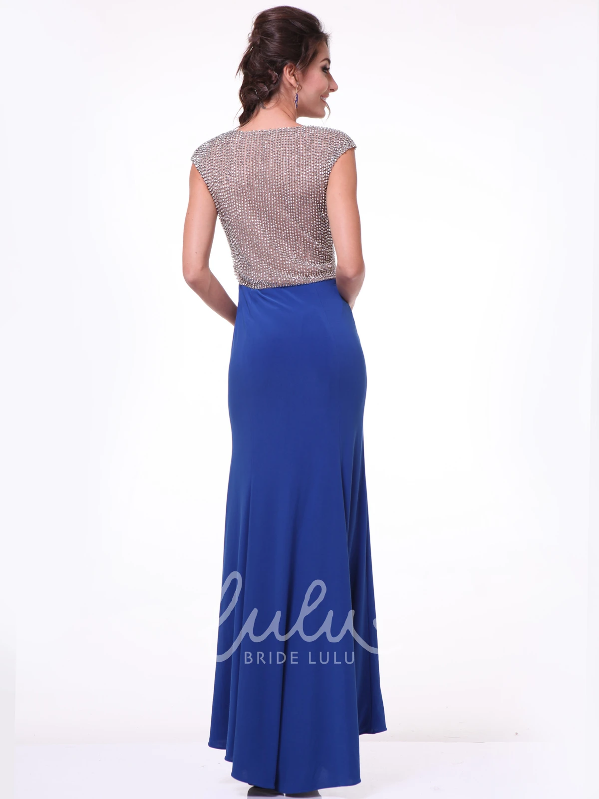 Floor-Length Scoop-Neck Cap-Sleeve Jersey Dress With Beading Sheath