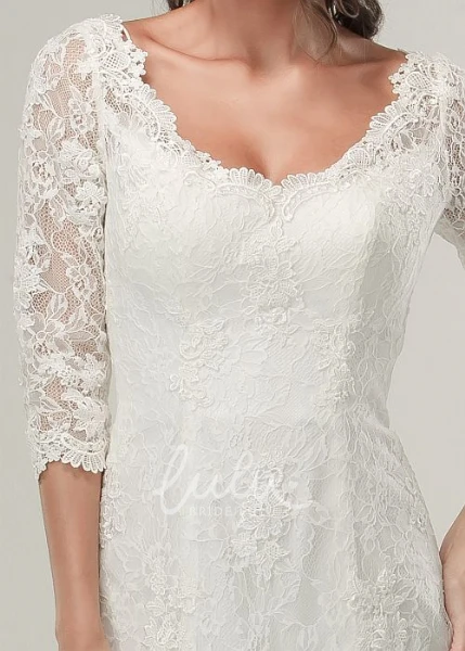 Half Sleeve Lace Wedding Dress with V-Neck and Brush Train Flowy Bridal Gown